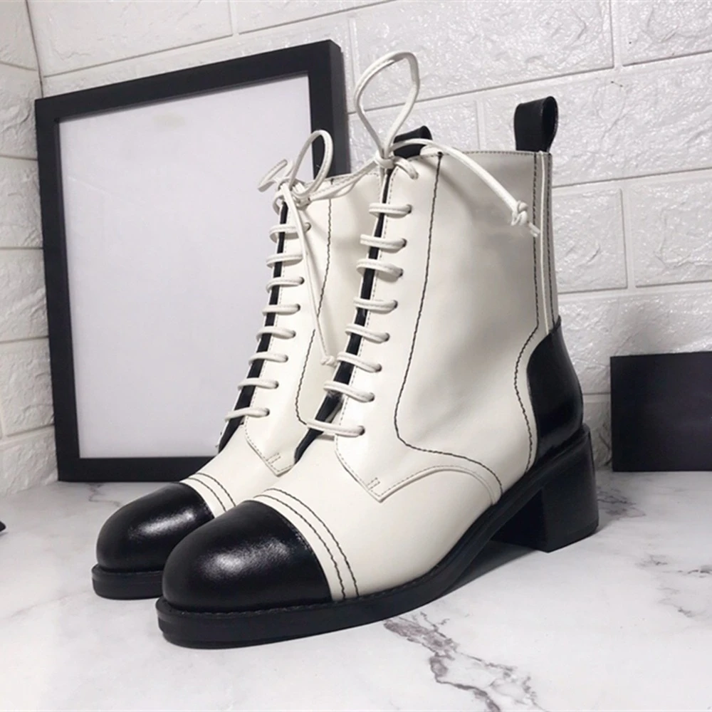 New Genuine Leather Lace Up Women Spring Autumn Boots Round Toe Thick Heel Ankle Shoes White and Black Size35-40 | Обувь