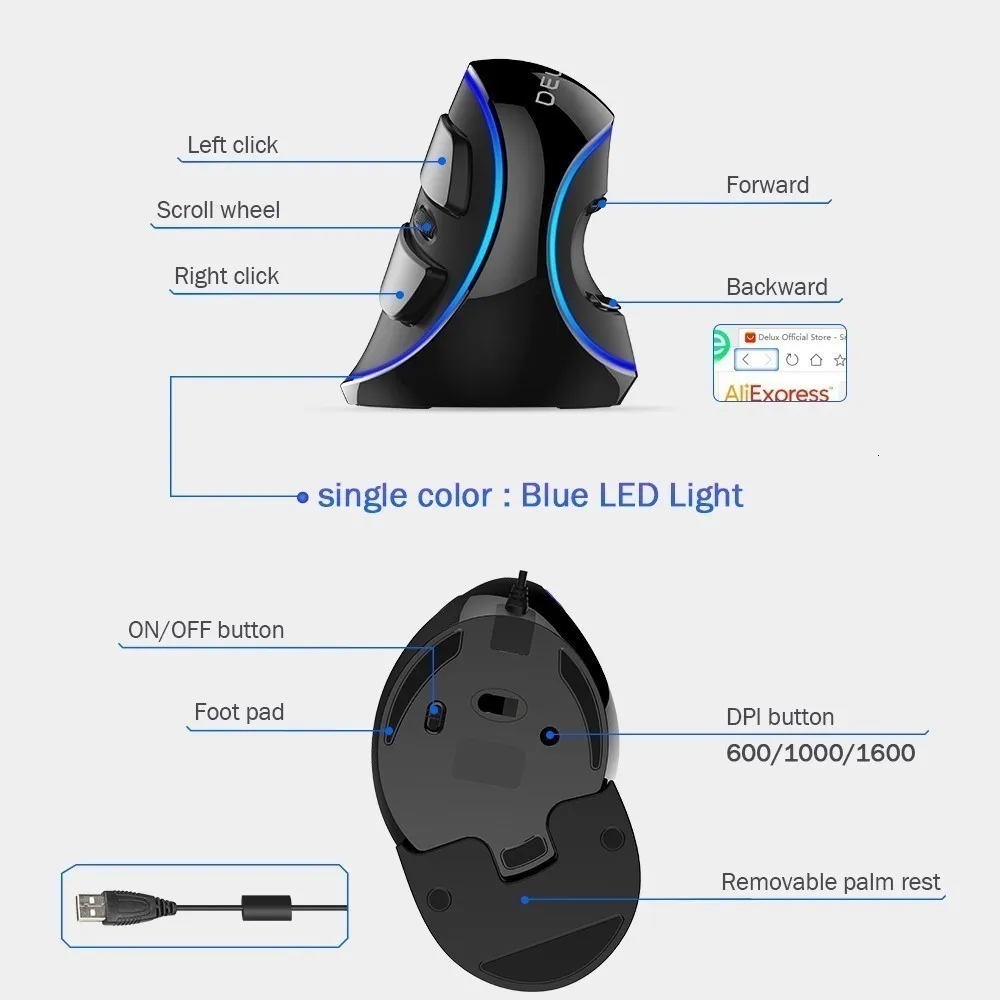 Delux Вертикальная мышь USB компьютерная светодиодный синий светильник оптическая