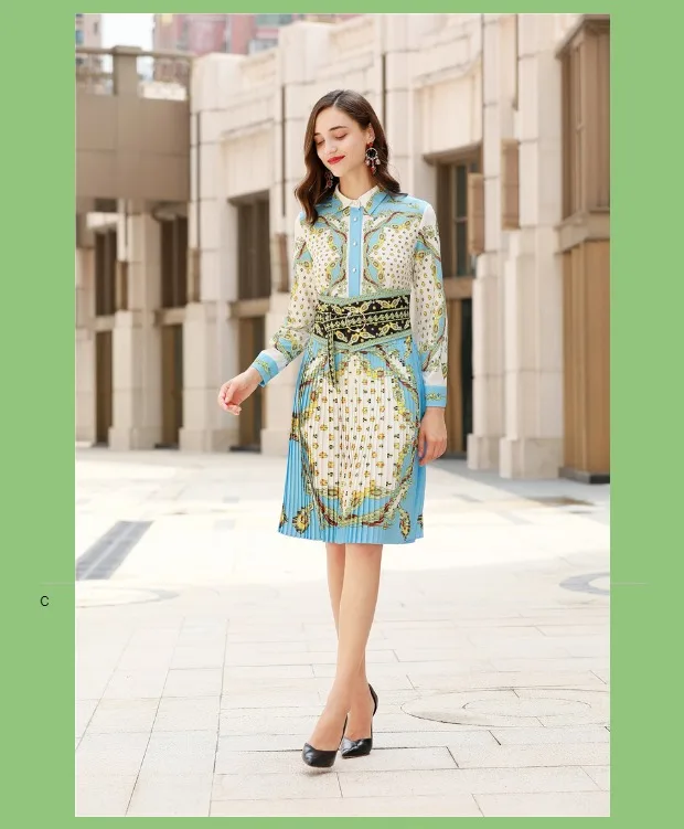 Осеннее женское платье Moda Feminina, женское Плиссированное Платье с принтом, длинный рукав, пояс с бантом, винтажное элегантное вечернее платье Sukienka