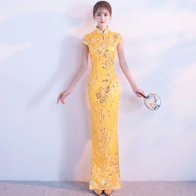 Женское вечернее платье с вышивкой элегантное китайское платье-Ципао блестками