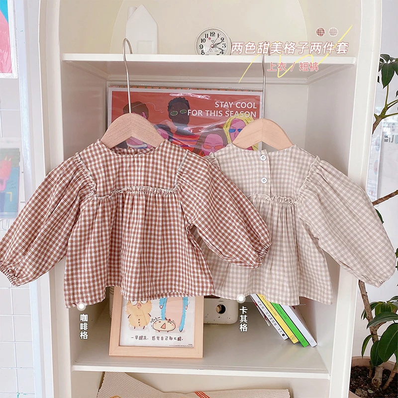 

2021 Newborn Baby Toddler Clothes Suit Spring And Autumn Puff Sleeve Plaid Clothing 2PCS Outfits Fashion Blouse Shorts Girl Sets
