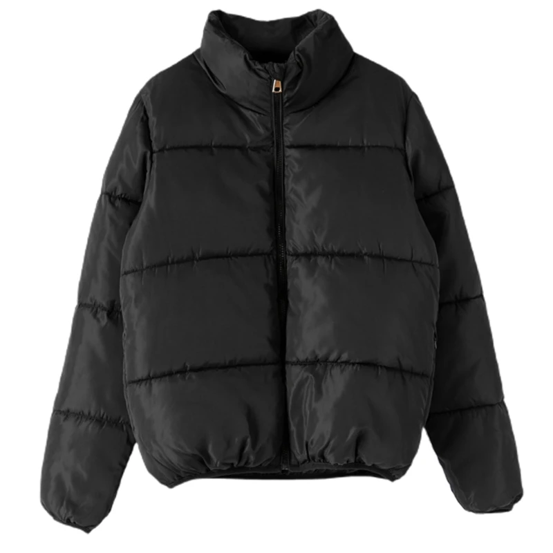 

Women Winter Long Sleeve Stand Collar Padded Short Jacket Zip Up Solid Color Puffer Parkas Coat Outerwear with Pockets