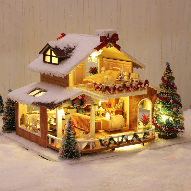 

DIY Wooden Christmas Eve Dollhouse Kit Miniature House with Furniture Casa Snow Cottage Dining Room Dollhouse Toys For Children