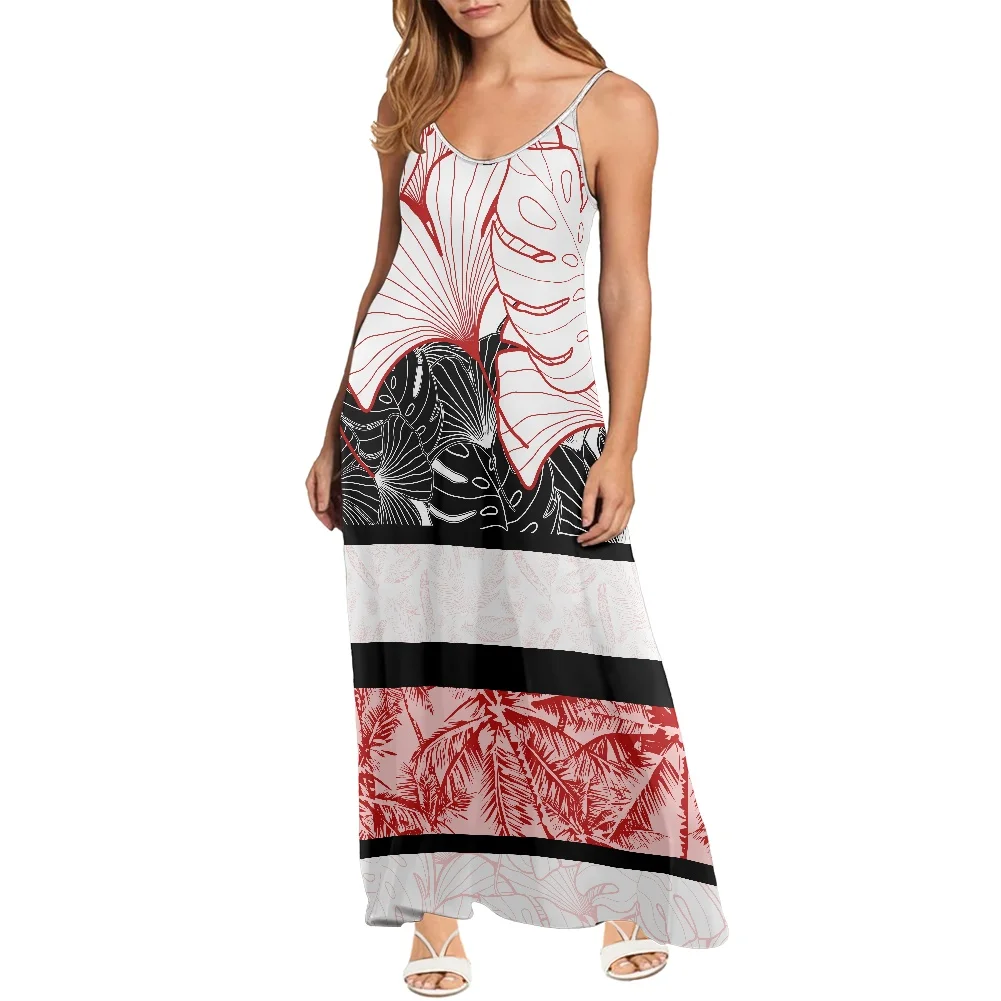 

Summer Hawaiian Beach Casual Dress High Quality Polynesian Hibiscus Print Women Sexy Clothes V Neck Design Long Sling Skirt