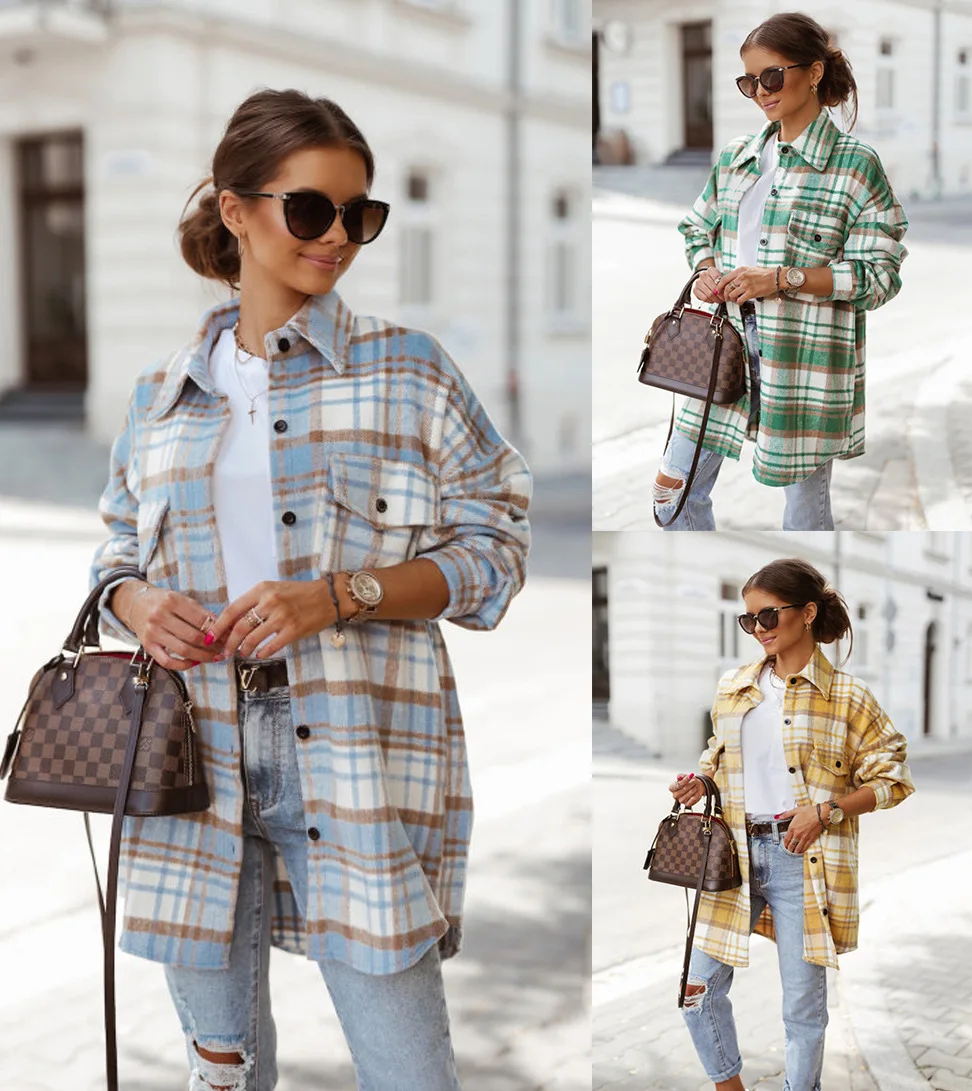 

Women's Long-sleeved Woolen Plaid Shirt Jacket, Fall/winter Commuter Windbreaker Lapel Loose Collar Women's Woolen Plaid Shirt
