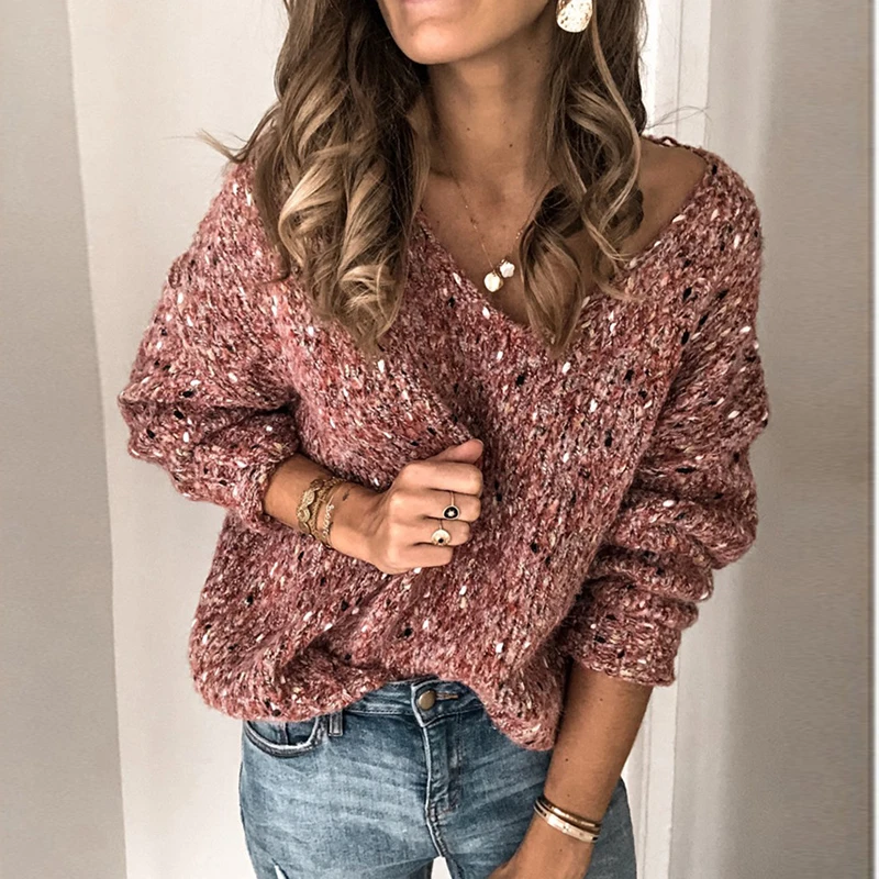 Sexy Women V-Neck Knitted Sweater Casual Solid Autumn Long Sleeve Pullover Tops Elegant Winter Warm Sweaters Jumper Pull Femme