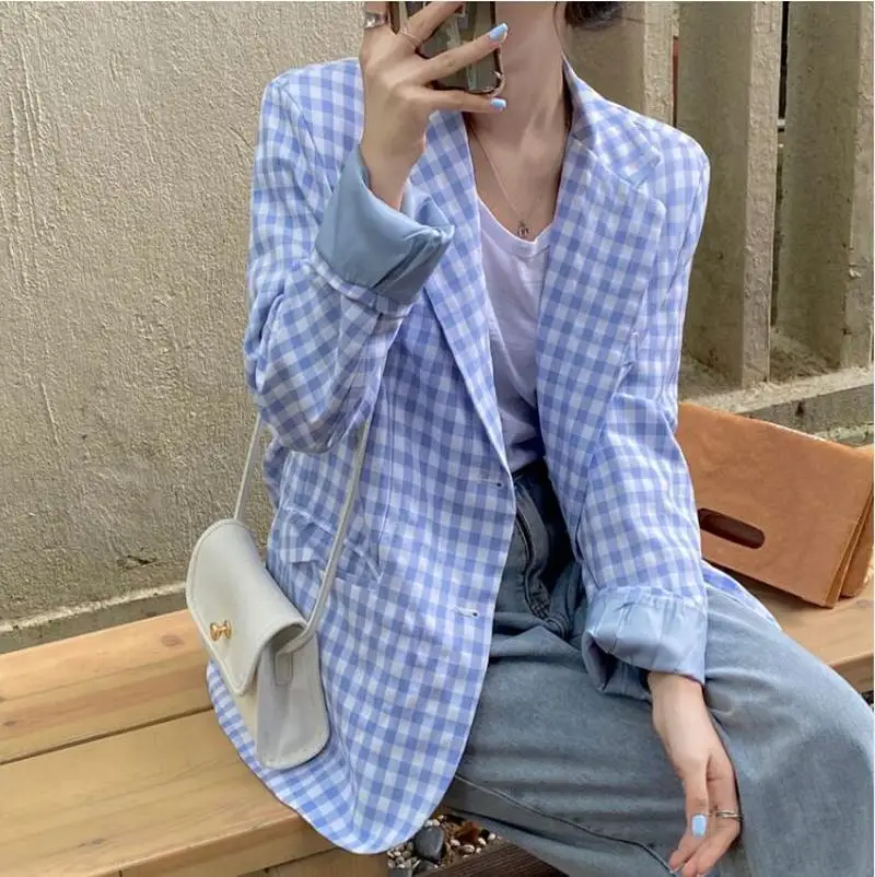 

Женский блейзер с карманами, шерстяной пиджак оверсайз в клетку, осень-весна, зима 2020, CL811