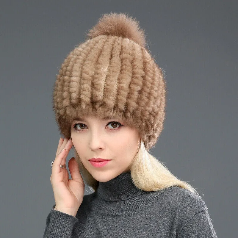 

Real Mink Fur Hat for Winter Warm Beanie Skullies Cap Vertical Weave Fur Hats for Women New Real Rex Rabbit Hat Floral Kniting