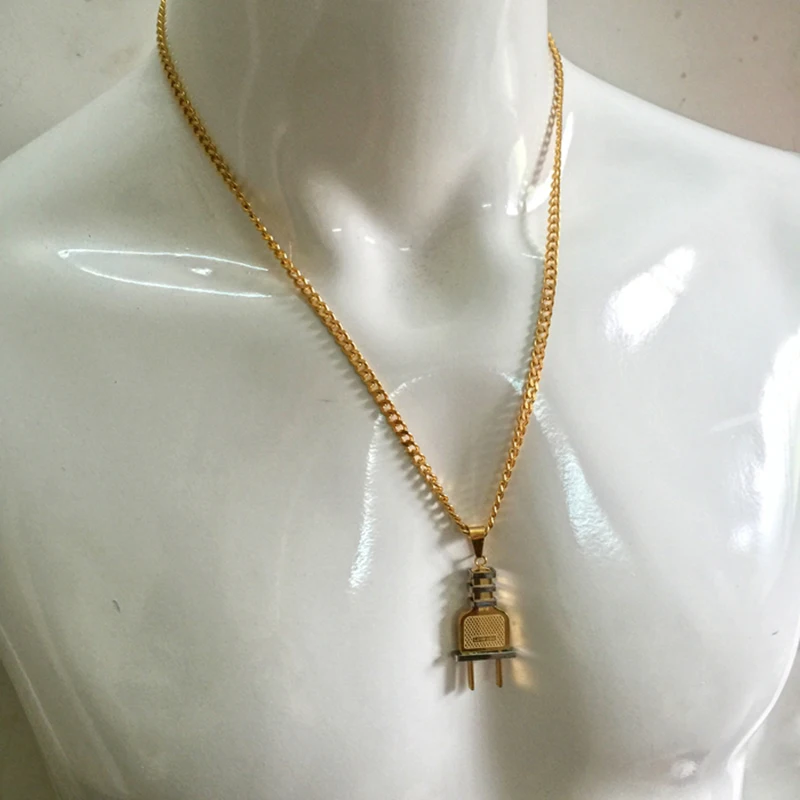 

Electrical Plug Shape Pendants Necklaces Men Women Hip Hop Stainless Steel Gold-color Charm Chains Jewelry Gifts