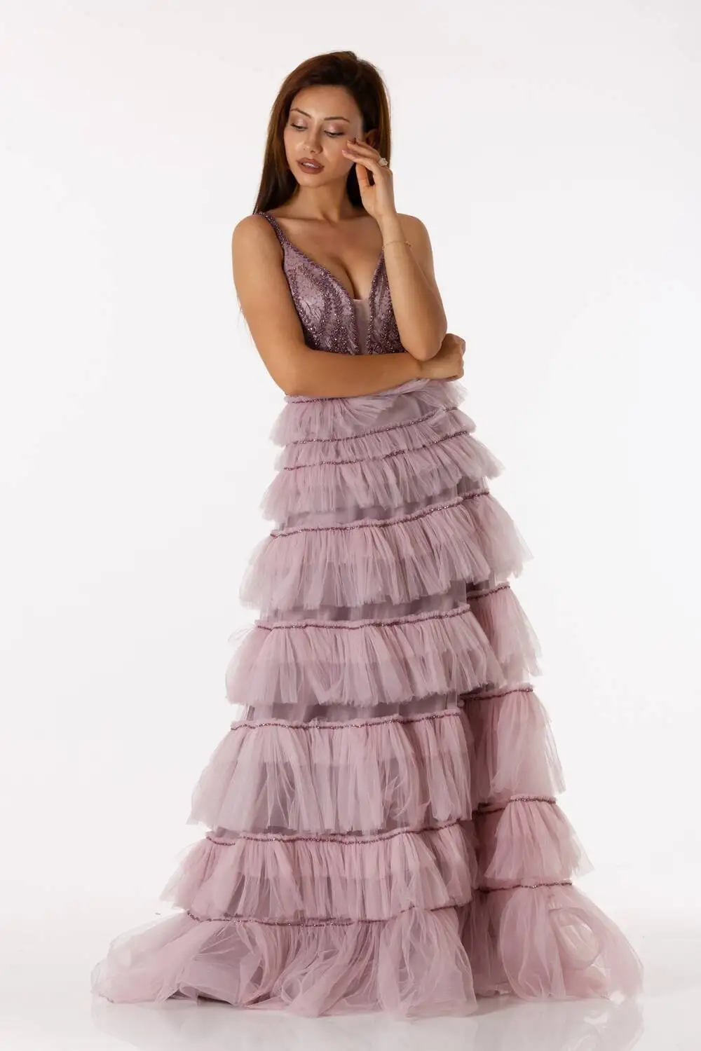 

Layered Tulle Lavender Long Engagement Dress