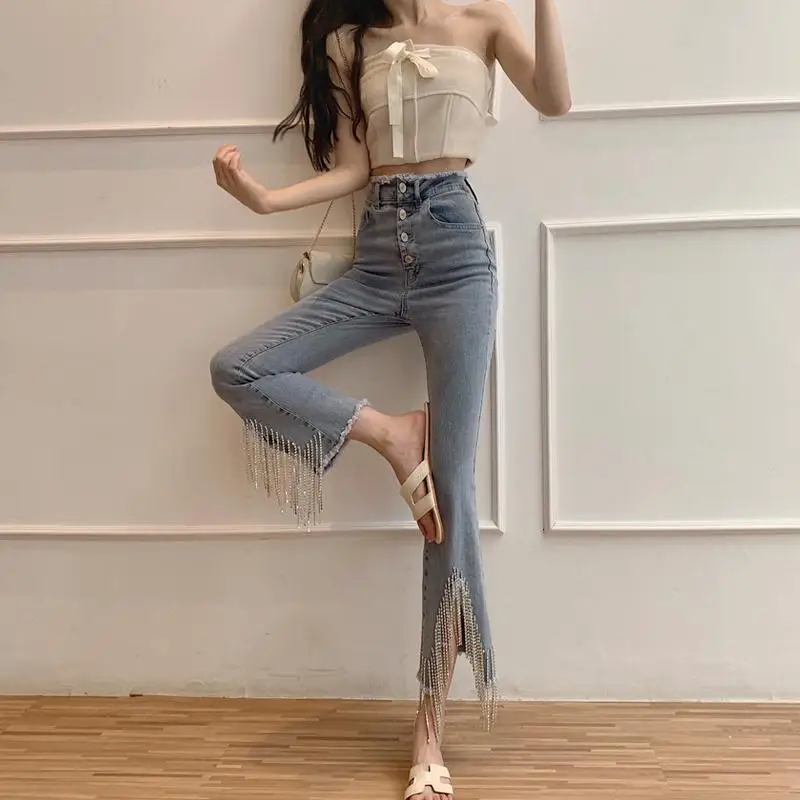 Women Jeans With Beads Tassel Rhinestones Vintage Skinny High Waist Stretchy Petite Ankle Elastic Denim Pants | Женская одежда