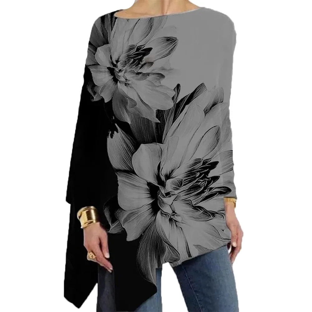 

ICCLEK XS-4XL Plus Size Tops Print Floral Blouse Shirts Elegant Irregular Long Sleeves Pullover Tops Female Tees Casual Women