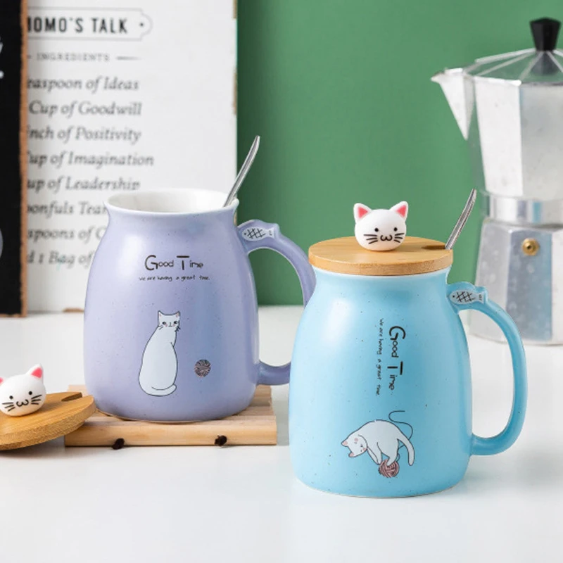 

450 мл милый кот кружки с чайная и кофейная ложка чашки с ручкой устойчивые Mok чашки набор для дома молока кофейная чашка для питья новинка под...