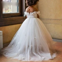 custom made cheap white ivory pink a line mesh top off shoulder junior girls wedding bridal long flower girl dresses