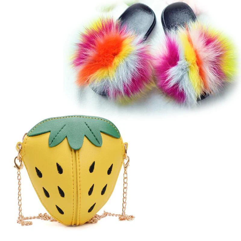 

Children's Real Fox Fur Slippers Kids Crossbody Purse Girl's Money Shoulder Bag Shoes Sets Cute Baby Fluffy Slides Fur Sandals