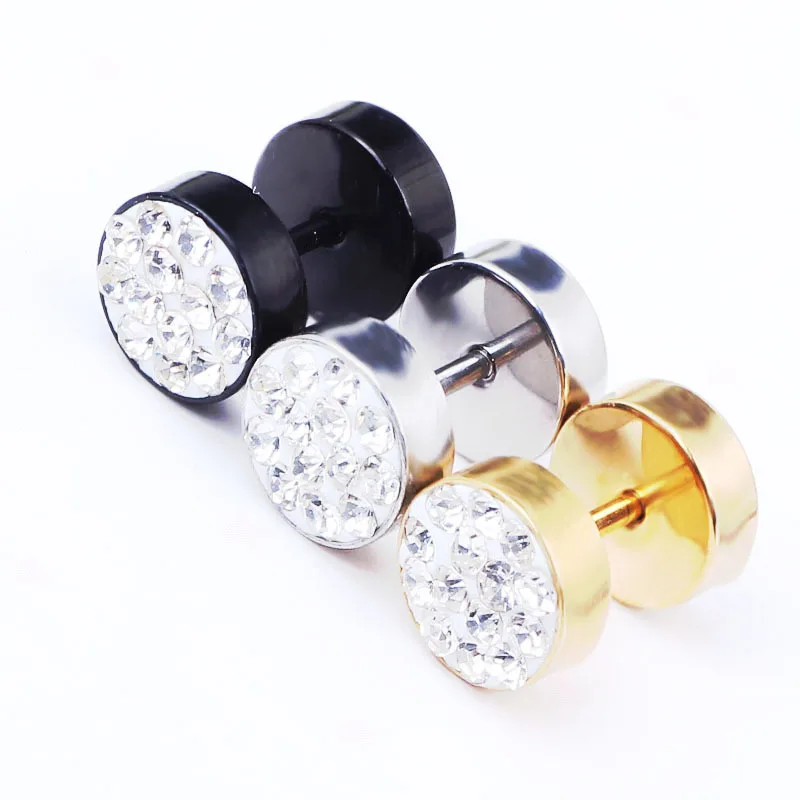 

1Pair Black/Silver Gold Color Men Double Sided Round Stud Earrings For Women Stainless Steel Crystal Earrings Piercing Jewelry