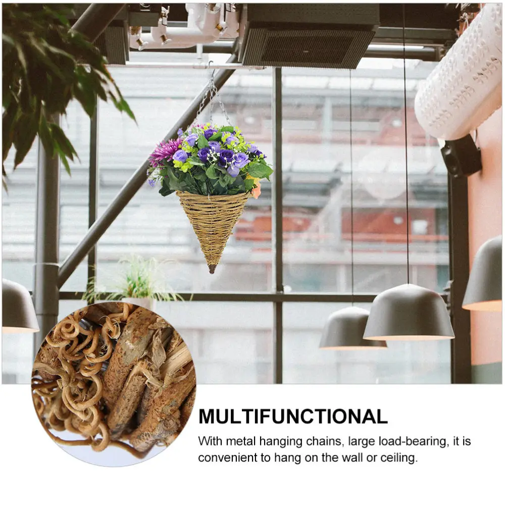 

2Pcs Home Wall Storage Basket Rattan Weave Cone Shape Hanging Flower Basket