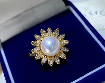 

free shipping 9-10mm white freshwater pearl ring Zircon crystal gem Jewellery