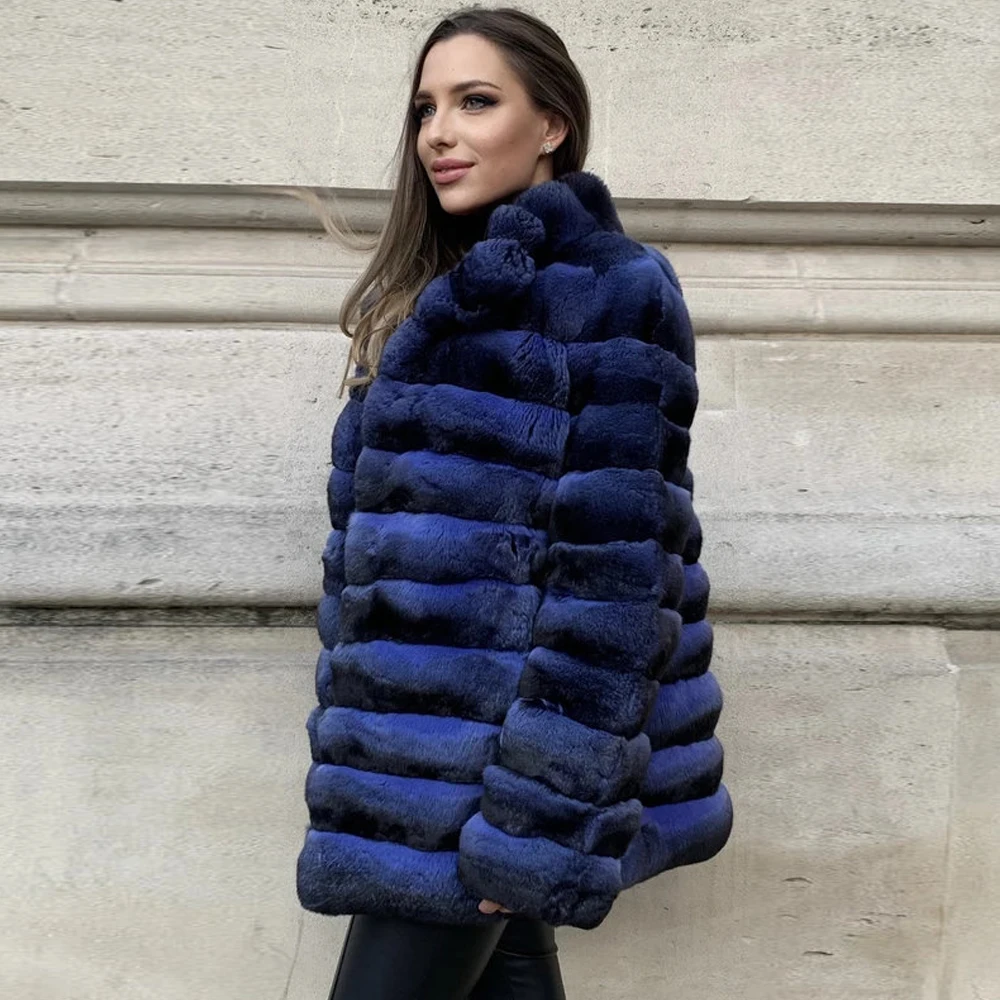 Fashion Royal Blue Real Rex Rabbit Fur Coat Lapel Collar High Quality Genuine Rex Rabbit Fur Coats Medium Length Fur Overcoats enlarge