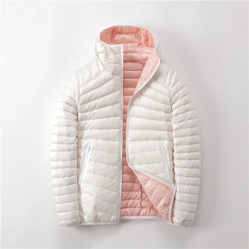 

2021 New Fashion Double-sided wear Down Jacket Women's Lightweight Short White Duck down Coat Female Hooded Outerwear Parka Tops