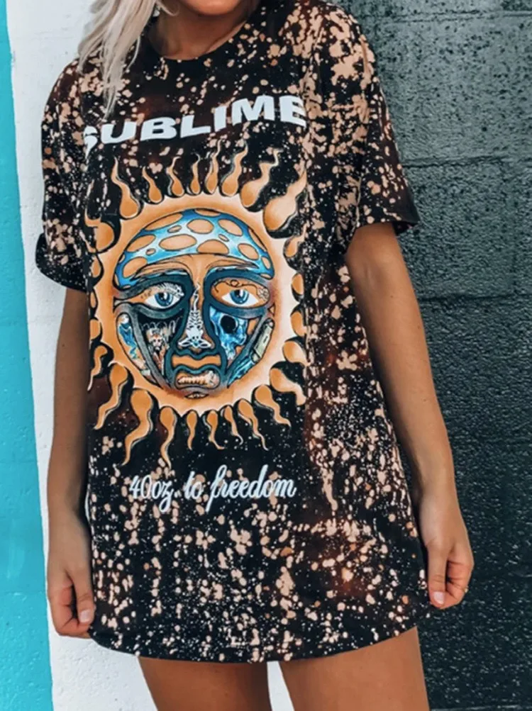 

5 Styles Oversized T-shirt Round Neck Sun And Moon Print Short-sleeved Loose Half-sleeved T-shirt Women Oversized T-shirt Women