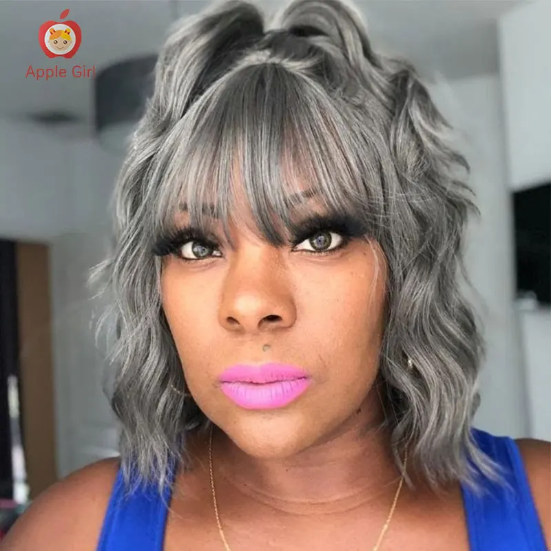 

Short Cut Bob Wig Gray Color Straight Wavy Human Hair Wigs With Bangs Remy Brazilian Machine Made Wig With Front Bangs Applegirl