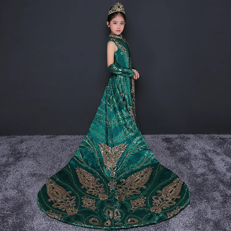 

2021 Fashion Embroidery Mermaid Dress Long Trailing Robe Sequined Beadings Flower Girl Dress For Birthday Party Catwalk
