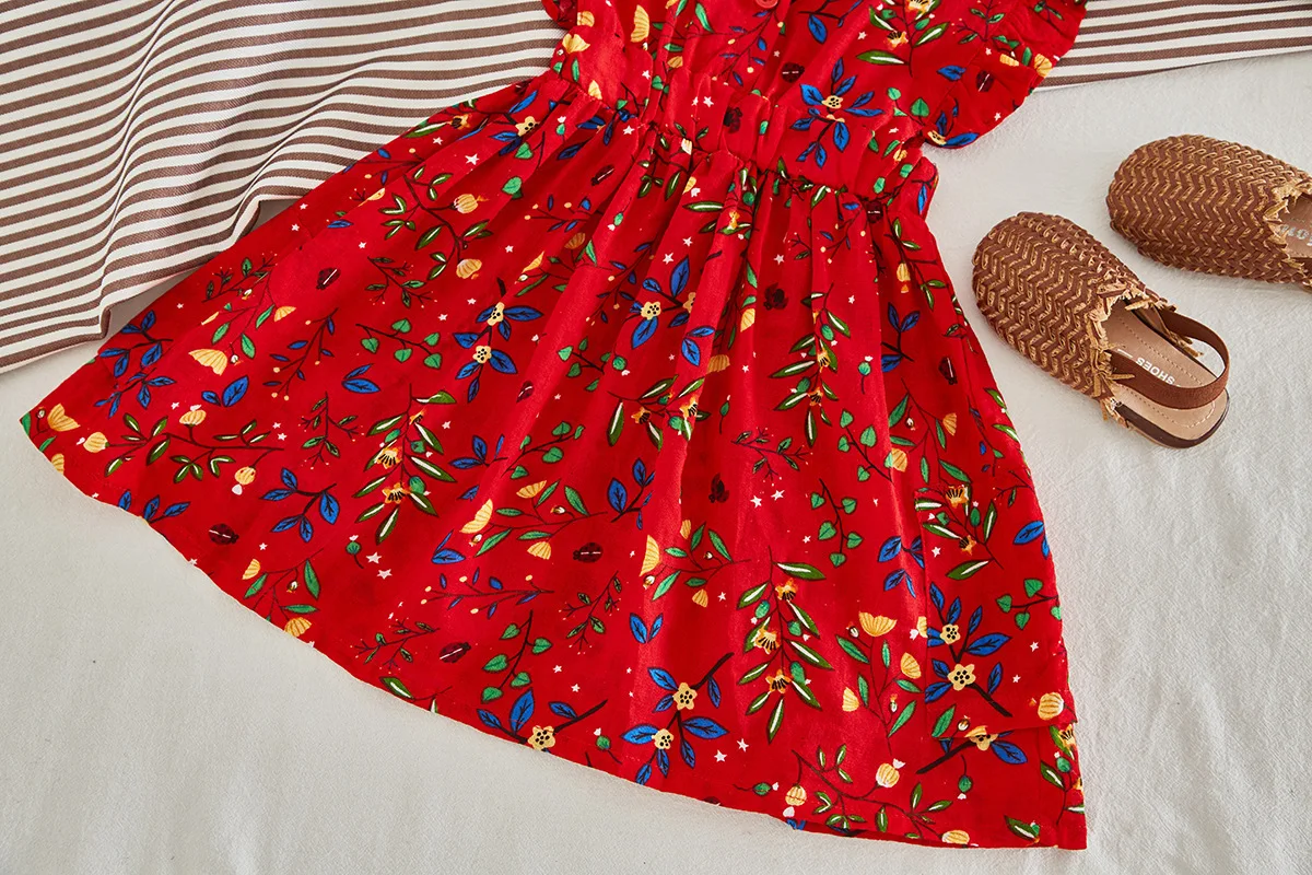 

Summer Girl Dress Fashion Red Floral Princess Dress Ruffled Chiffon Children's Dress Cute Causal Baby Toddler Girl Clothes
