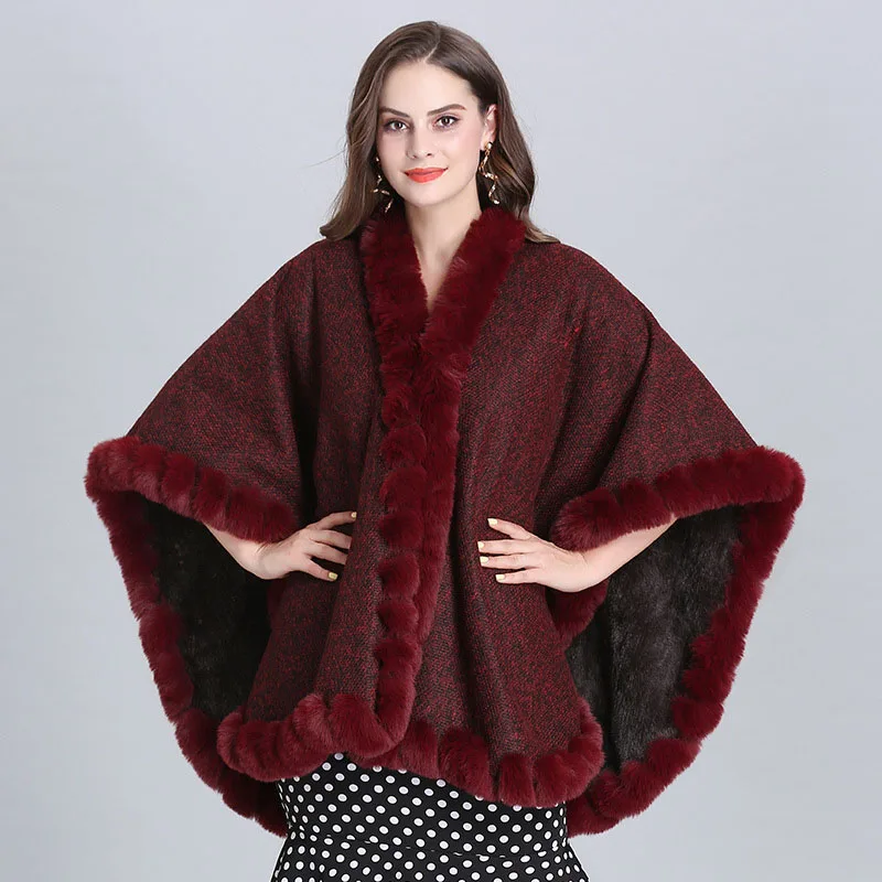 Jujube red Зимний женский бархатный вязаный кардиган с искусственным лисьим меховым воротником, v-образный вырез, рукав летучая мышь, шаль, накидка, пальто 1515 - Цвет: Jujube red