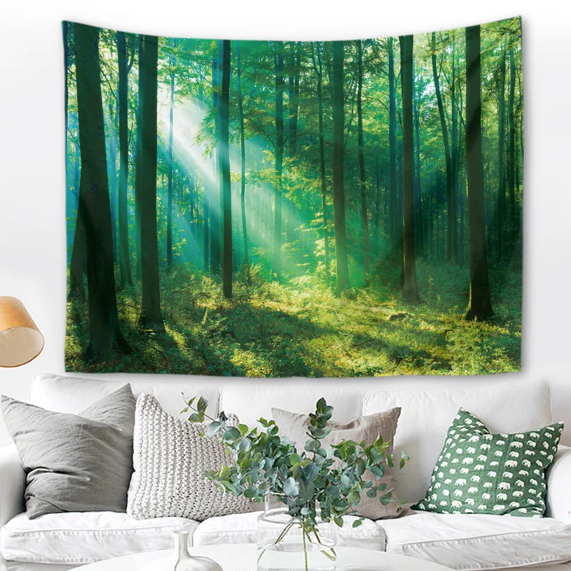

Green Deep Forest Tapestry Headboard Wall Art Bedspread Dorm Tapestry for Living Room Bedroom Home Decor