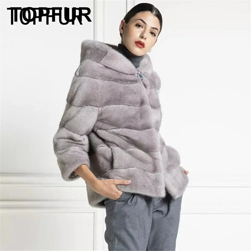 TOPFUR Genuine Leather Jacket With Fur Hooded Winter Coat Women Gray Jacket Women Plus Size Real Fur Women Mink Fur Coat