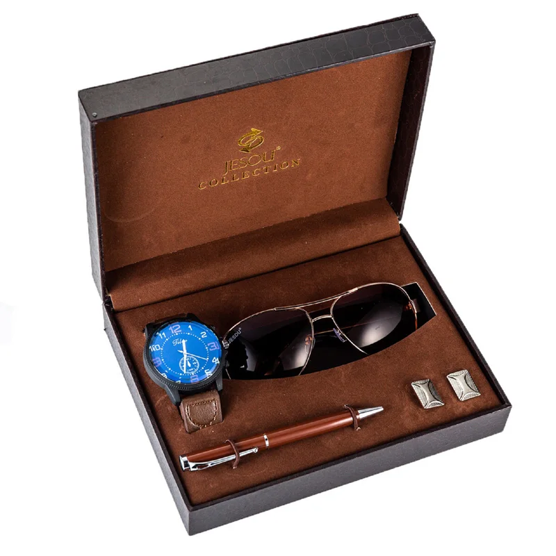 Brown Set Мужские часы, набор, кожа, Ретро стиль, кварцевые наручные часы, солнцезащитные очки, шариковая ручка с запонками, подарочный набор для бойфренда, мужские подарки для папы - Цвет: Brown Set