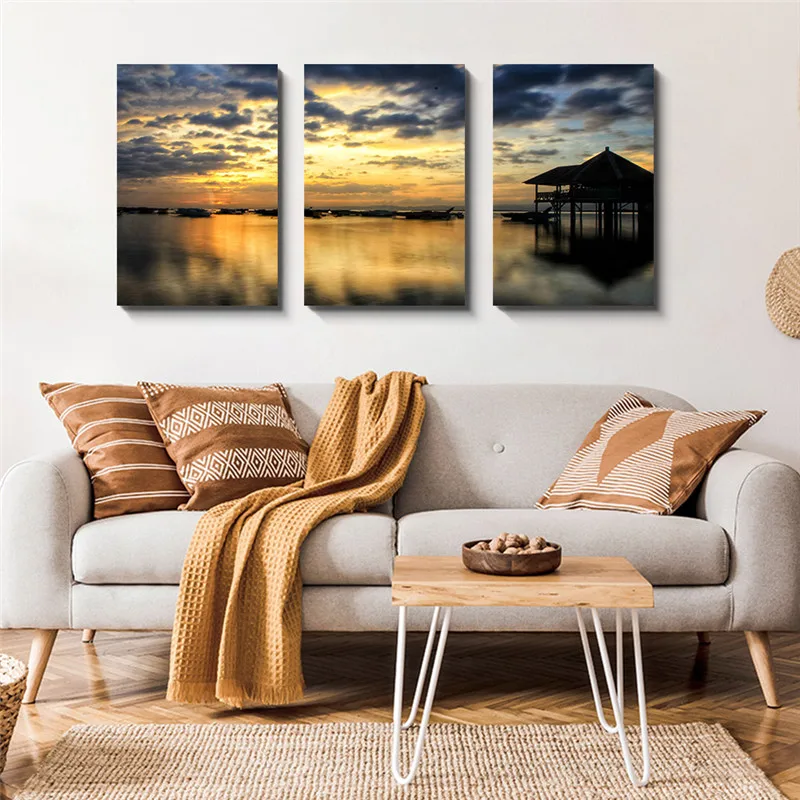 

Canvas Painting Wall Art Framed Poster HD Print Beautiful Log Cabin Sunset Sea Landscape Picture Home Decor Ready To Hang