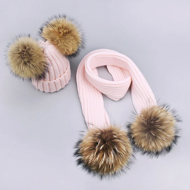 

Girl Pompon Hats and Scarves Sets Winter Knitted Warm Nature Fur Pom Hat Scarf Thick Beanies Hats Caps Kids Baby Solid Bones