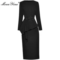 moaayina fashion dress spring women dress 34 sleeve crystal beaded ruffles package hip profession elegant solid color dresses