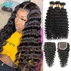 Глубокие волнистые пучки с застежкой 4x4, пучки на шнуровке, человеческие волосы, вьющиеся бразильские ткани, 3 пряди с неповрежденным наращиванием волос