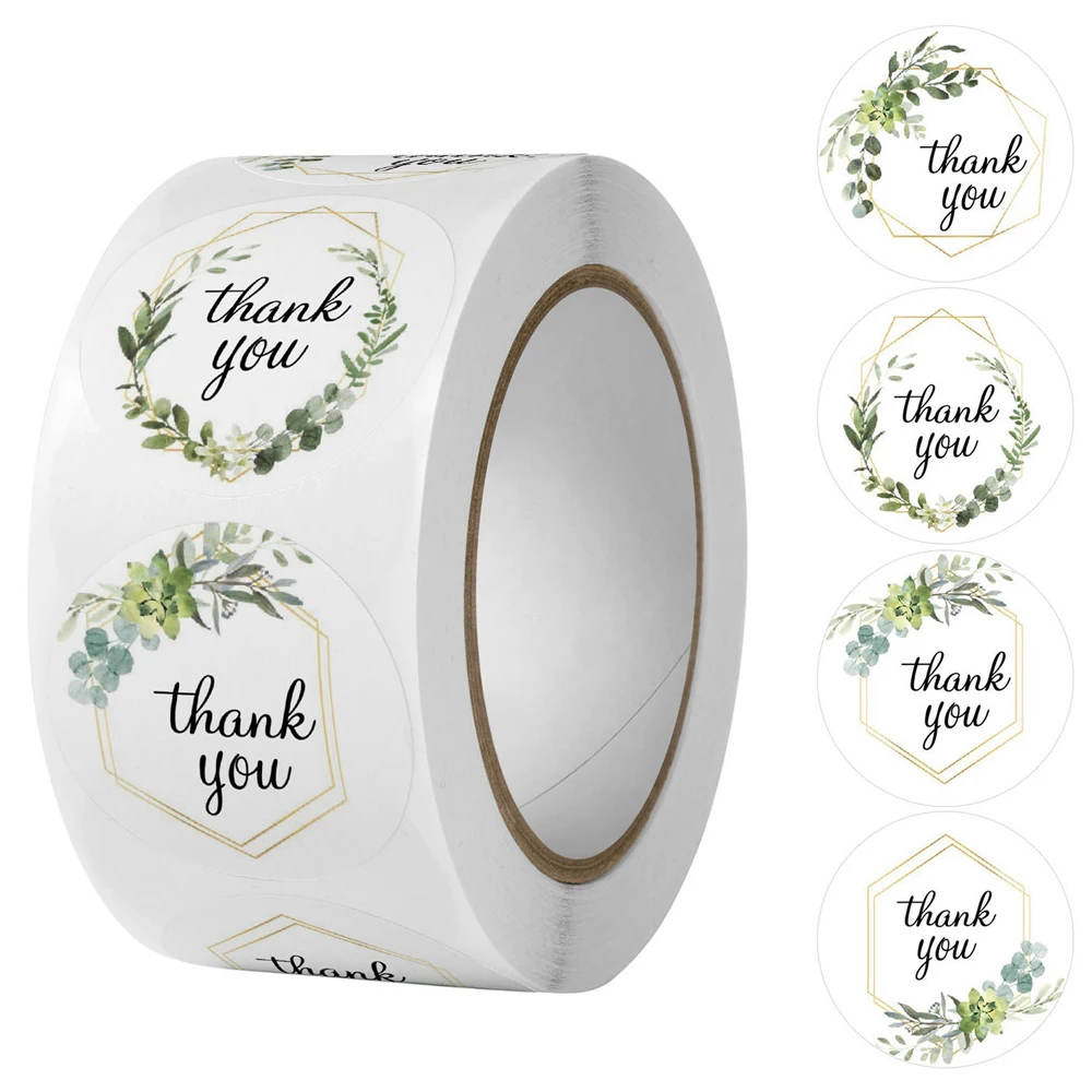 

100-500 шт., круглые наклейки с надписью Thank You, наклейки для скрапбукинга, конверта, декоративные наклейки в виде цветов, зеленых листьев