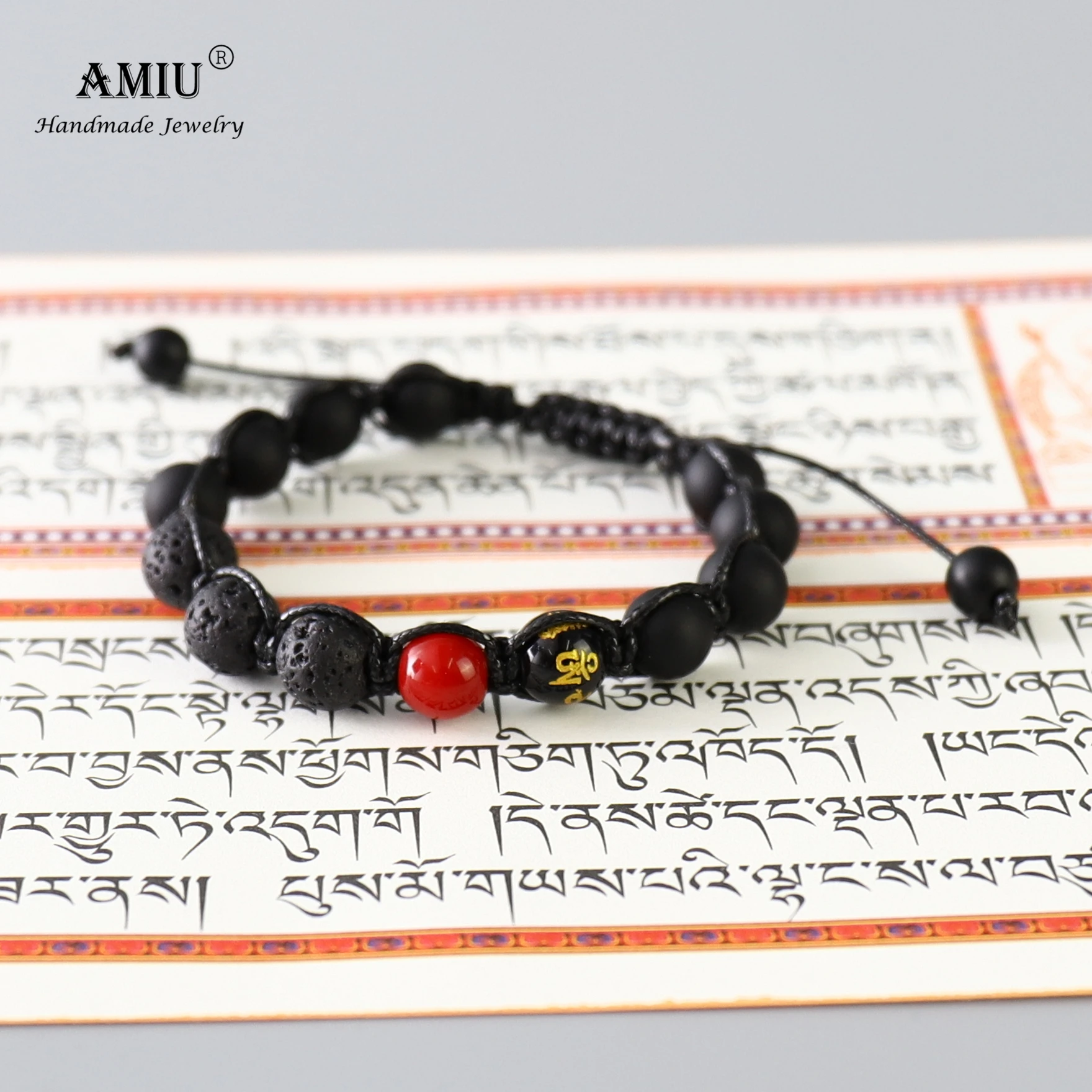 AMIU Handcrafted Men's Natural Stone Bead Bracelet Black Obsidian Wax Cord Lava Rock Beads Rosary Tibetan | Украшения и