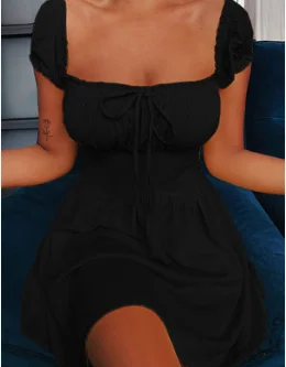 

Hot Fashion Women Short Sleeve Solid Color Dress Summer Fashion Backless Lace-up Dress for Women Ladies