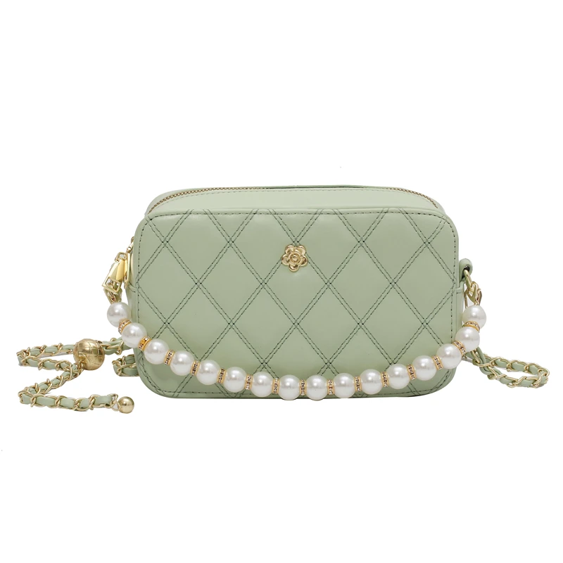 

2021 Pu Leather lattice Crossbody Bags for Women Designer Small Handbags Shoulder Messenger Bag Mini Purses with Pearl Handle