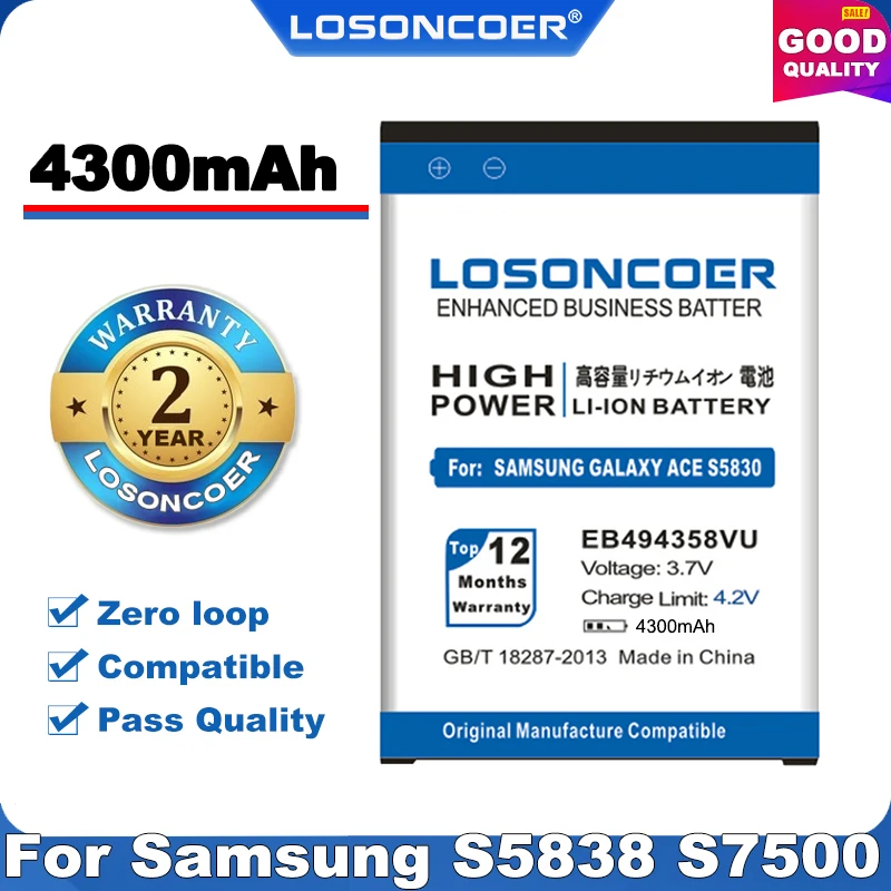 Аккумулятор LOSONCOER EB494358VU 100% оригинал для Samsung Galaxy Ace S7500 S5830 S6802 B7510 i569 i579 S5660 S5830I S5838