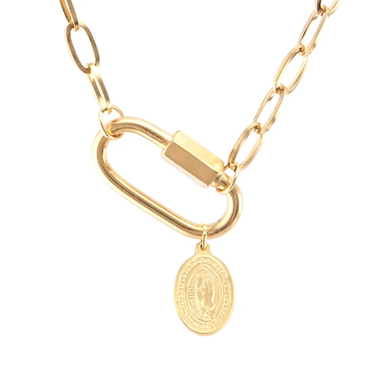 Ожерелье 100% нержавеющей стали Дева Мария для женщин Золотой/серебристый цвет Металлическая медаль Вирген Мария Карабинный замок Чокер Колье.