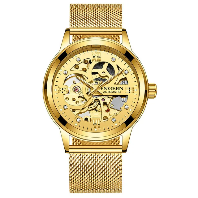 MESH GOLD Топ бренд скелетные часы Новые спортивные механические часы, роскошные часы мужские s Часы Montre Homme Часы Мужские автоматические часы - Цвет: MESH GOLD