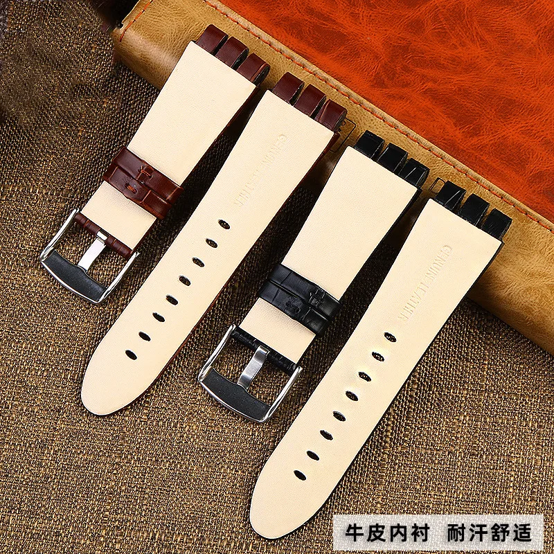New high quality men's soft waterproof leather strap Strap Black Brown Leather Bracelet suitable for swatch strap 23mm