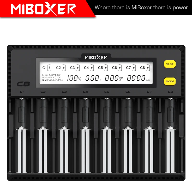 

MiBOXER C8 Battery Charger 8 Slots LCD Display for Li-ion LiFePO4 Ni-MH Ni-Cd AA AAA 21700 20700 26650 18650 17670 RCR123 18700