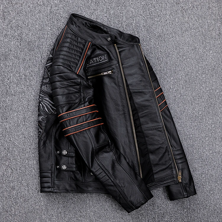 Black Men Skulls Embroidery Motorcycle Leather Jacket Plus Size XXXXL Genuine Cowhide Spring Slim Fit Biker's Leatther Coat