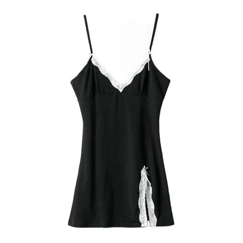 

QWEEK Women's Black Slip Sleep Dress 2021 Sexy Bodycon Wrap Lace-up Black Pajama Dress Summer Kawaii Cute Mini Lounge Women