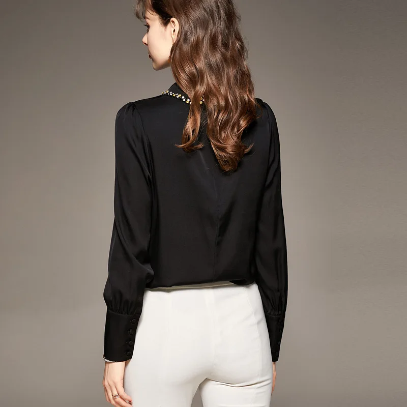 

SHUCHAN Peter Pan Collar Ladies Tops High Street Sequined Silk Spandex Poplin Womens Tops and Blouses 2021 Spring