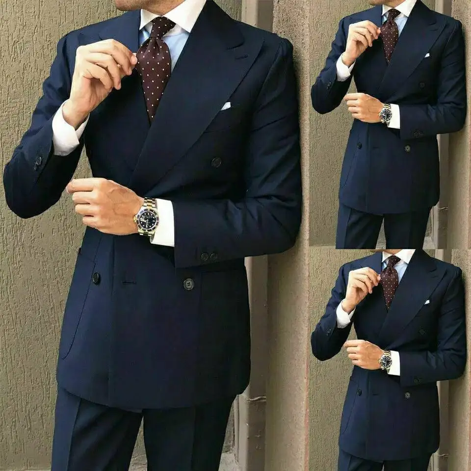 

Classic Gentleman's Suit Formal Business Tuxedo Pointed Collar Large Lapel Double Breasted Slim Dress 2 Pieces
