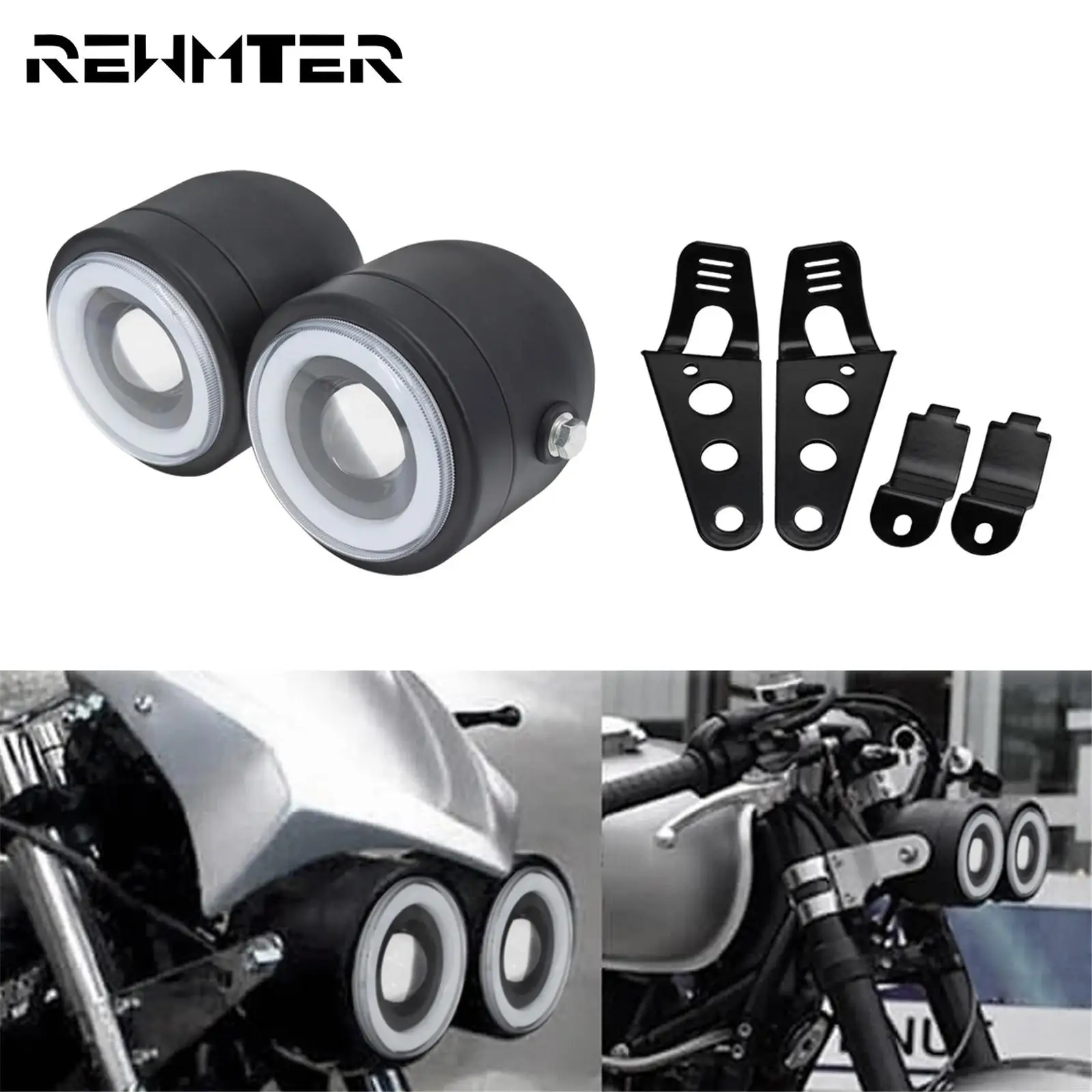 

Motorcycle Double Twin Dual Headlight Amber Angel Eyes Headlamp W/Bracket Mount Holder Black For Harley Cafe Racer Dyna Softail